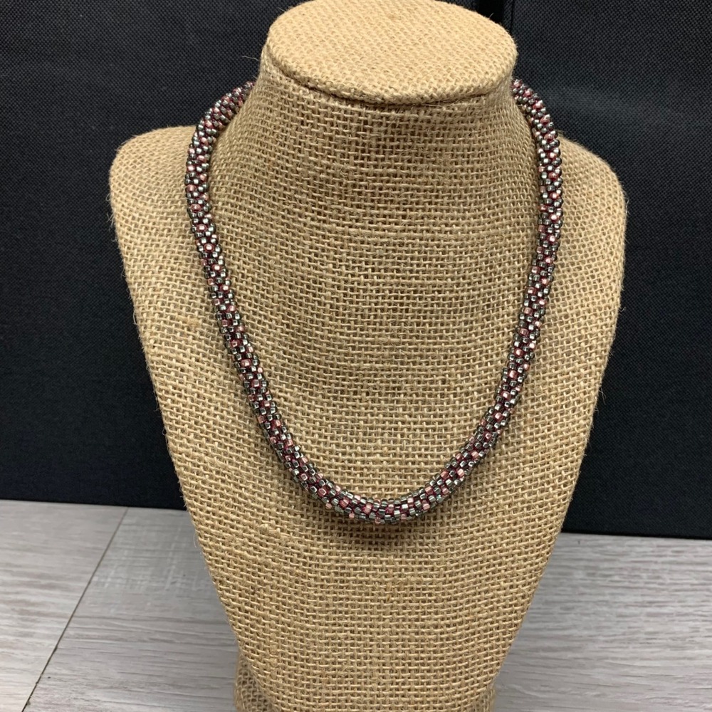 Handmade Beaded Rope Necklace 16 Inch Gunmetal Pink Magnetic Clasp 5784